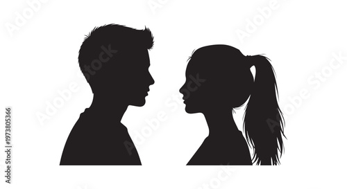 Two silhouetted figures in profile against a stark white background in a minimalist composition