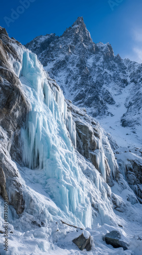 Tall blue icefall on rocky snow covered mountain slope
