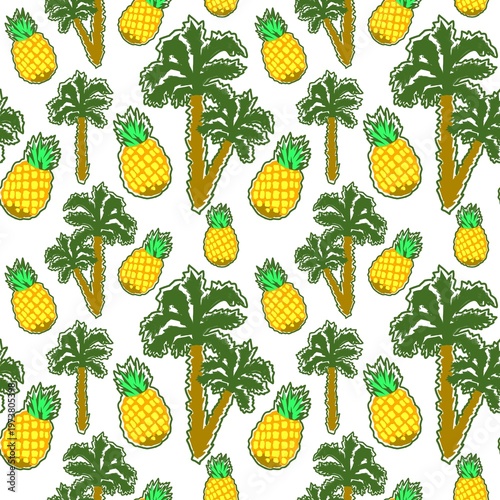 Seamless pattern with pineapples and palms