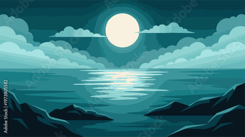 Full Moon over Ocean with Reflective Water, Clouds, and Coastal Rocks