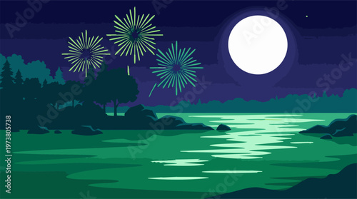 Full moon night with colorful fireworks exploding over a serene lake and forest