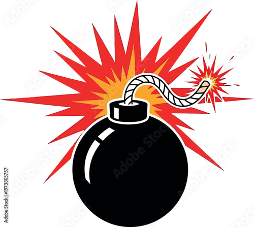 A black bomb with a lit fuse explodes with red and orange rays.