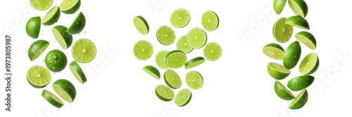 Cuadro en lienzo Set of Falling Lime Slices – Fresh Citrus Fruit Pieces and Flying Green Limes PN
