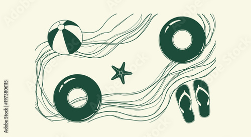 Minimalist Green Summer Beach Vector Illustration with Lifebuoys, Flip Flops, Starfish, and Ball
