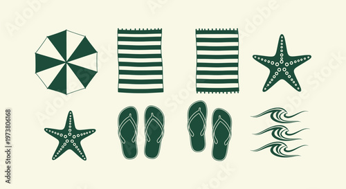 Summer Beach Vacation Icon Collection with Umbrella Towels Starfish Flip Flops and Ocean Waves