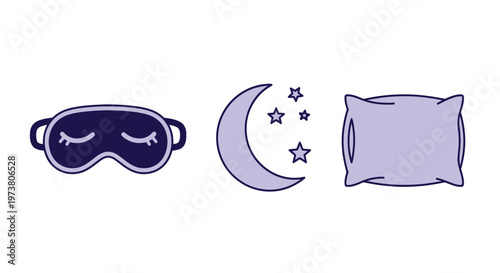 Vector Illustration Of Sleep Mask, Moon, Stars, And Pillow For Restful Nights Sleep Concept Medical Health Icons Isolated On Transparent Background