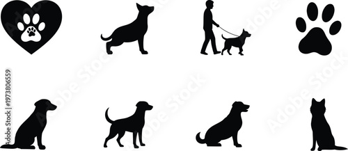 Pet icons set black silhouette designs featuring dogs cats paw prints and hearts for animal lovers veterinary use