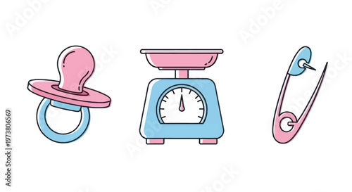 Vector Illustration Of Baby Pacifier, Scale, And Safety Pin In Pastel Colors For Baby Care And Nursery Decor Medical Health Icons Isolated On Transparent Background