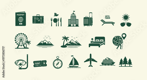 Collection of travel and tourism icons for vacation and holiday flat silhouette design elements