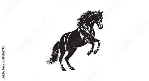 A majestic black horse galloping freely with a flowing mane under a clear sky