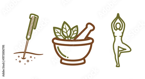 Vector Illustration Of Syringe, Mortar And Pestle, And Yoga Figure For Holistic Health And Wellness Concept Medical Health Icons Isolated On Transparent Background