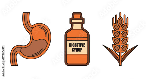 Vector Illustration Of Digestive Syrup Bottle With Stomach And Wheat For Digestive Health And Wellness Concept Medical Health Icons Isolated On Transparent Background