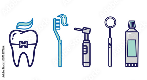 Vector Illustration Of Dental Care Tools And Tooth With Brackets For Orthodontic And Oral Hygiene Concept Medical Health Icons Isolated On Transparent Background