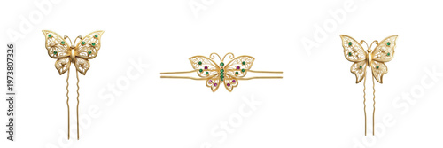 Photos Set luxury vintage golden butterfly hair pins and clips with emerald and ruby ge