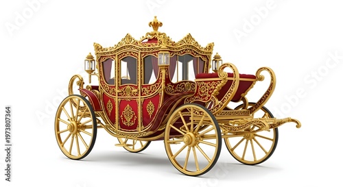 Ornate golden royal carriage with a deep red body and intricate detailing, isolated on a clean white background, showcasing classic elegance and luxurious transport.