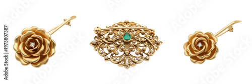 Quadro su tela Set luxury vintage golden rose and emerald brooch collection with ornate filigre