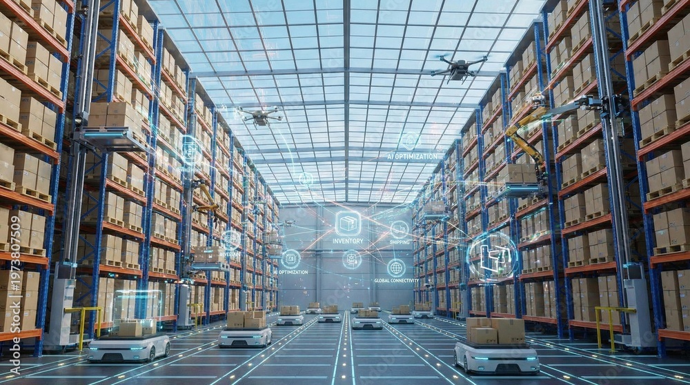 Fototapeta premium Smart warehouse interior with tall shelves, boxes, and floating digital logistics icons representing supply chain automation and connectivity.