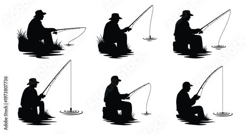 Silhouettes of fishermen casting lines in a tranquil waterscape vector illustration