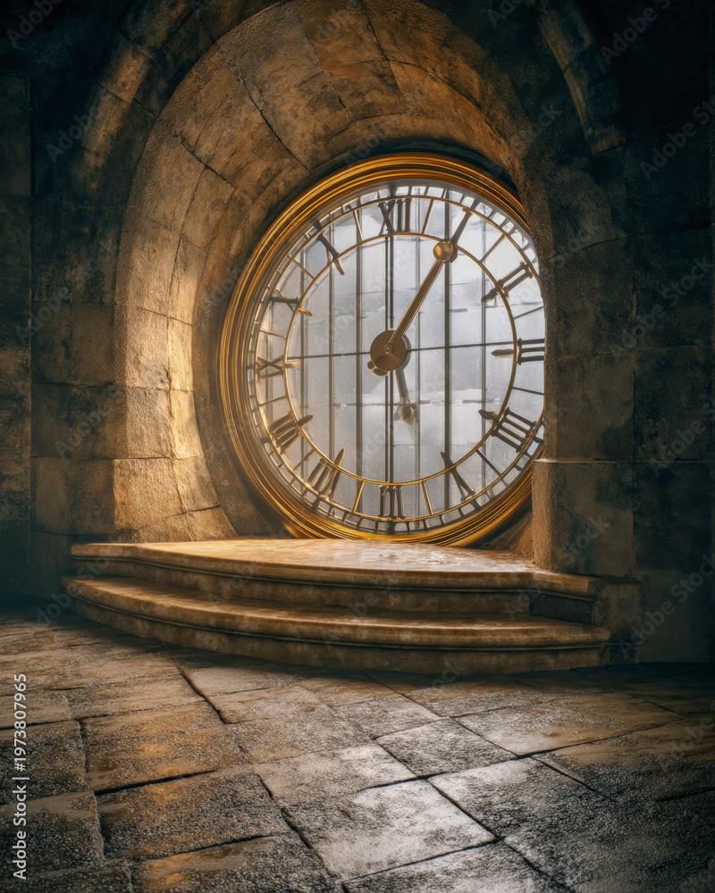 Fototapeta premium Aged stone clock face in a shadowed historic alcove with steps