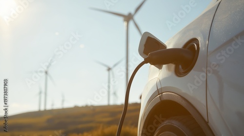 White electric vehicle charging with black cable