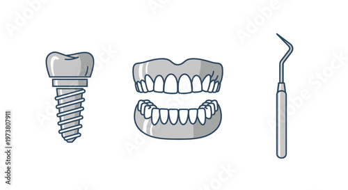 Vector Illustration Of Dental Implant, Dentures, And Dental Tool For Healthcare And Medicine Concept Medical Health Icons Isolated On Transparent Background