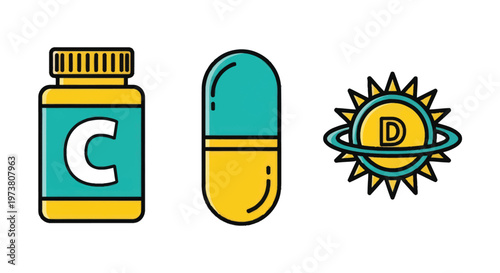 Vector Illustration Of Vitamin C Bottle, Capsule, And Vitamin D Sun Symbol For Health And Nutrition Concept Medical Health Icons Isolated On Transparent Background