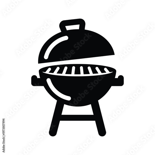 Black and white illustration of an open charcoal grill with lid raised