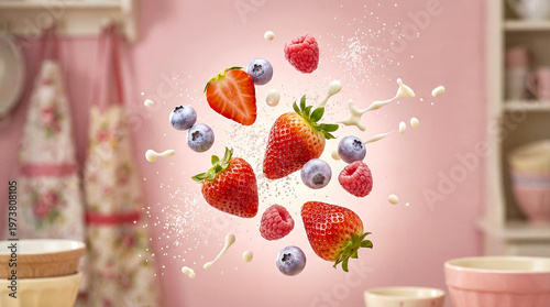 Fresh strawberries and blueberries splashing into milk in pink vintage kitchen