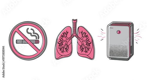 Vector Illustration Of No Smoking Sign, Healthy Lungs, And Air Purifier For Healthy Living And Wellness Concept Medical Health Icons Isolated On Transparent Background