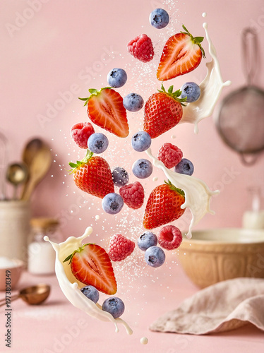 Fresh mixed berries splashing into milk cream on pink kitchen background