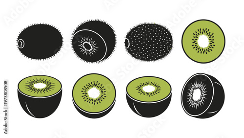 Kiwi Fruit Set: Whole, Halved, and Detailed Cross-Sections