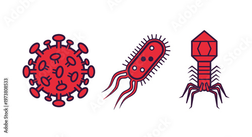 Vector Illustration Of Virus, Bacteria And Bacteriophage For Microbiology And Health Concept Medical Health Icons Isolated On Transparent Background