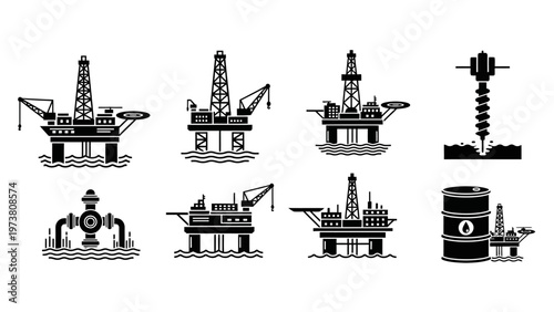 Offshore Oil Rig Icons Set: Drilling Platform, Extraction, Energy Industry Vector Graphics