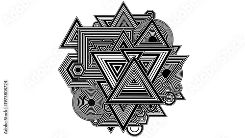 Abstract Geometric Pattern with Triangles and Circles in Black and White
