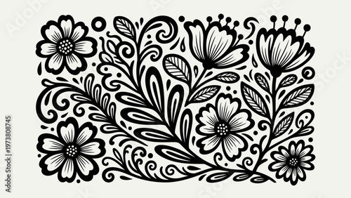 Black and white floral pattern with swirls and leaves