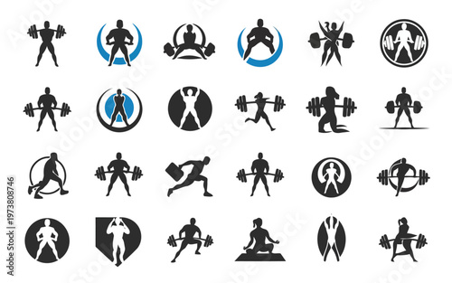 Collection of diverse weightlifting and fitness exercise icons Vector