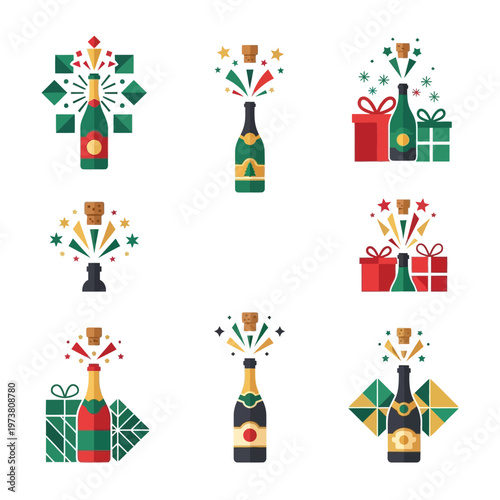 Champagne Bottle Celebration Icons with Gifts and Confetti