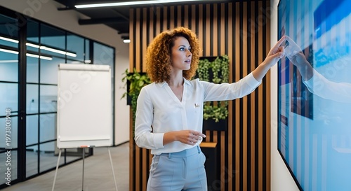 Professional woman interacting with a large interactive touchscreen display in a modern office environment, presenting data and collaborating with technology, innovation, and future concepts.
