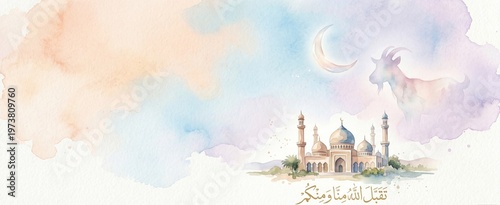 Watercolor illustration of a mosque with a goat and crescent moon