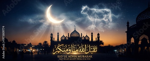 Eid ul adha mubarak greeting with mosque silhouette at sunset