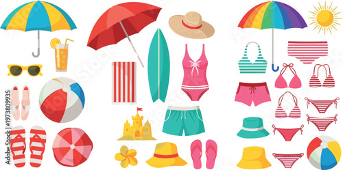 Summer Beach Vacation Icon Set with Umbrella Swimwear Accessories Flip Flops Hats and Tropical Elements Colorful Flat Illustration Collection