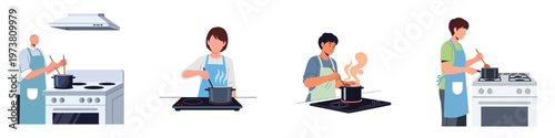 Flat minimalist vector of a person wearing an apron, stirring a pot on a modern stove, no outlines, clean composition, white background