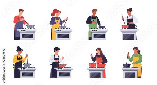 Flat minimalist vector of a person wearing an apron, stirring a pot on a modern stove, no outlines, clean composition, white background