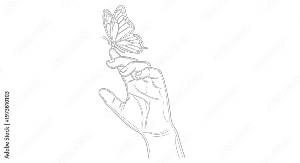 Fototapeta premium A delicate butterfly rests gently upon a human hand in a sketch style