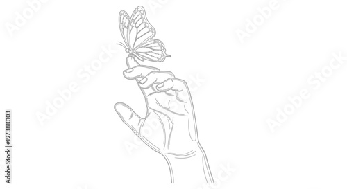 A delicate butterfly rests gently upon a human hand in a sketch style