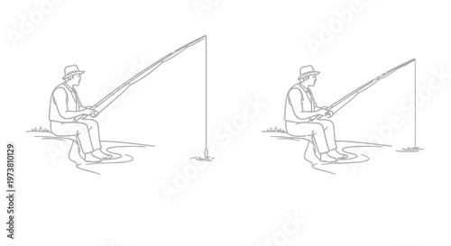 Illustration of two fishermen casting  fishing rods in a sketch style