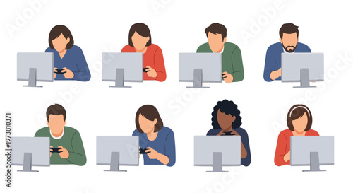 Flat minimalist vector of a person holding a game controller, focused on an off-screen monitor, no outlines, white background.