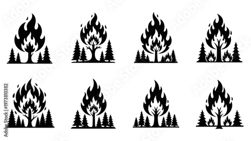 Forest Fire Icons Set: Burning Trees and Pine Trees Silhouette
