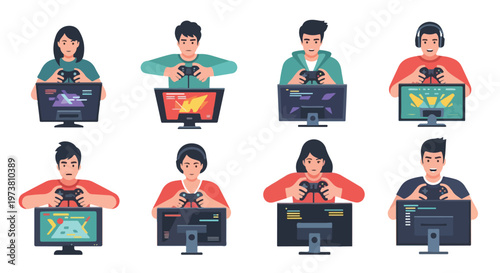 Flat minimalist vector of a person holding a game controller, focused on an off-screen monitor, no outlines, white background.