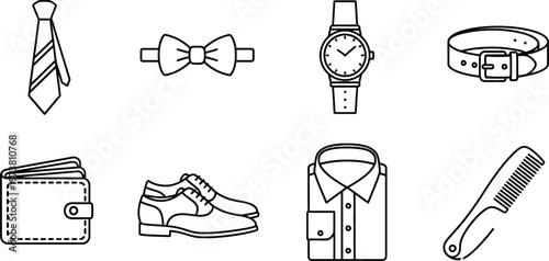 Elegant men's accessories icons set neckties watches wallets shoes more hand drawn style